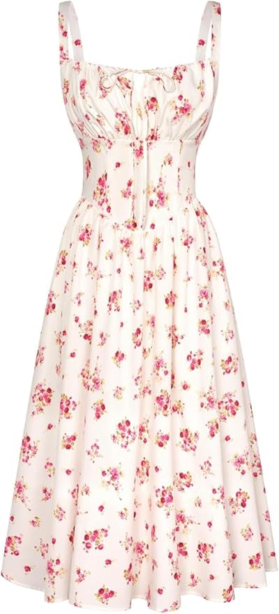 SCARLET DARKNESS Floral Printed Corset Dress Ruched Bust Cami Dress Flowy Sundress