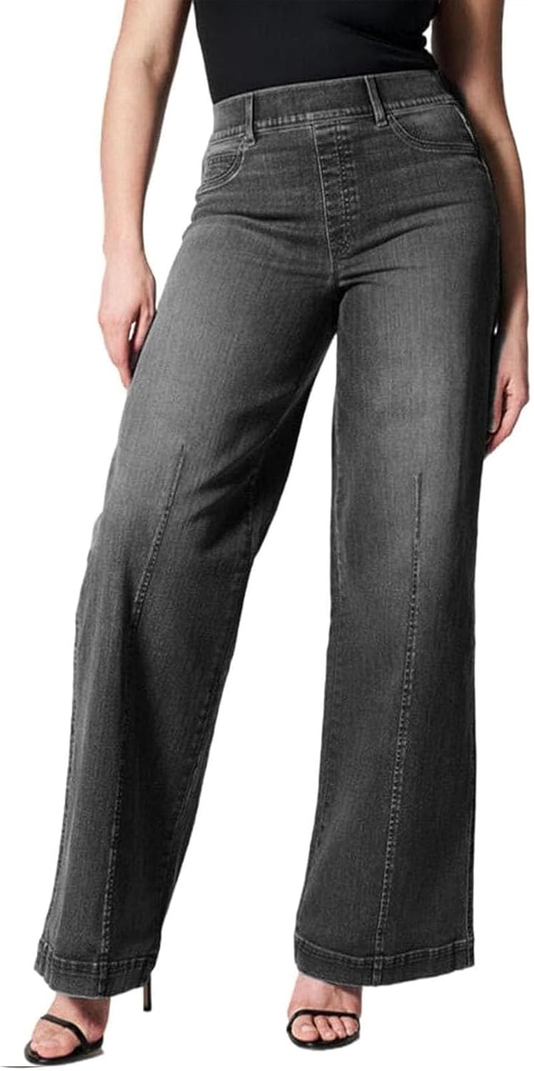 Seamed Front Wide Leg Jeans for Women High Waist,Oprah Favorite Jeans,Womens Shaping Pull-On Straight Leg Elasticity Pants (Black,XXL)