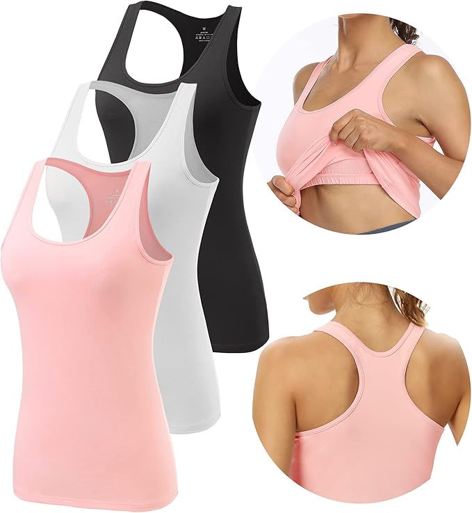 Vislivin Workout Tank Tops for Women with Built in Bra Racerback Tank Top Cotton Camisole Sleeveless Undershirts 3 Pack