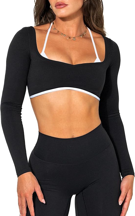 OZICERD Women Workout Tops Long Sleeve Shirt Gym Clothes Backless Built in Bra Athletic Crop Top Sport Femme Halter Yoga Tops