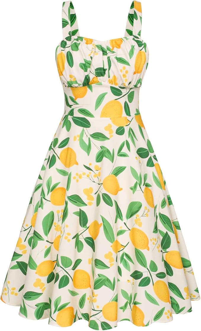 Belle Poque Women's Vintage Sleeveless Floral Ruched Summer Cute A-Line Flowy Swing Midi Dress