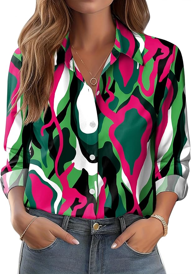 Zeagoo Button Down Shirts for Women Dressy Casual Work Blouses Long Sleeve Print Tops Fall Clothes